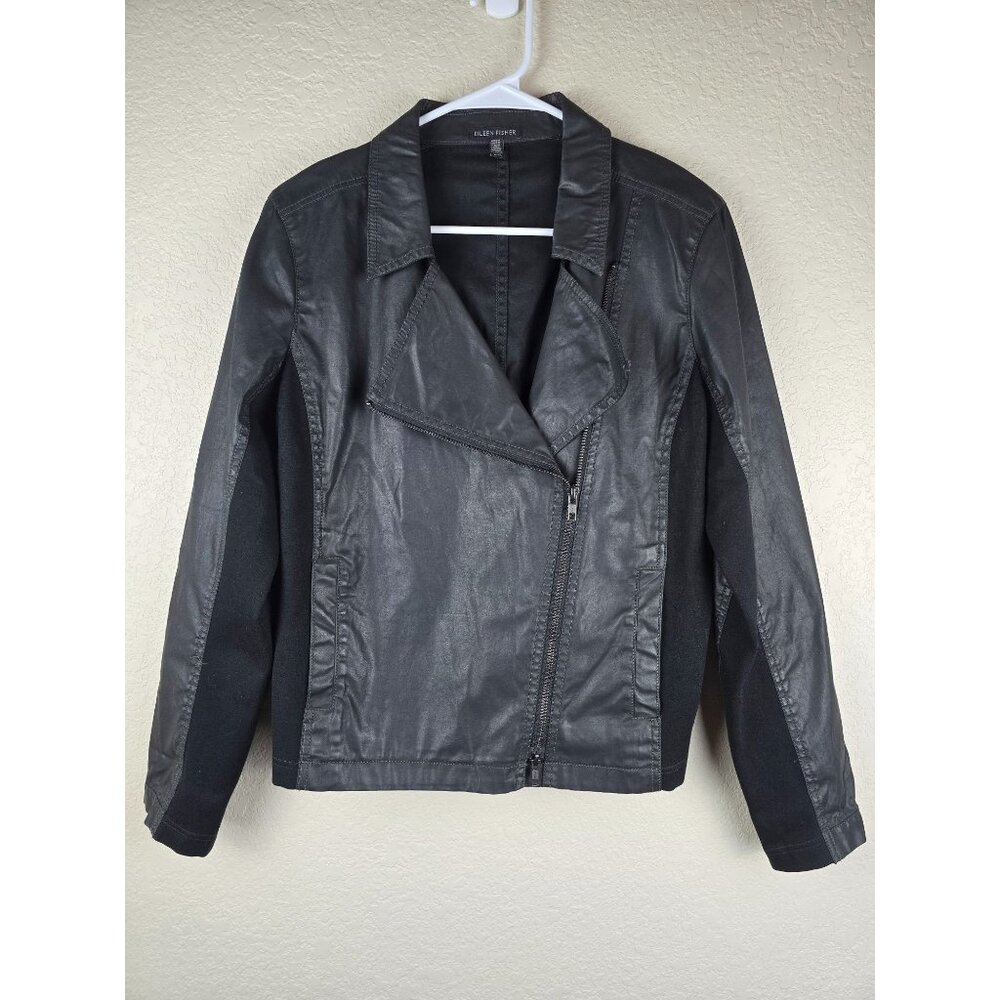 Eileen Fisher Waxed Cotton Italian Fabric Black Moto Jacket M Classic